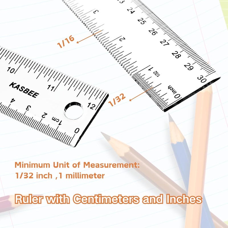 KASBEE Plastic Ruler 12 inch, Clear Rulers with Hanging Holes, Inches, Centimeters, Millimeters, Straight Measuring Tools for Students, School and Office, Pack of 2 - Image 2
